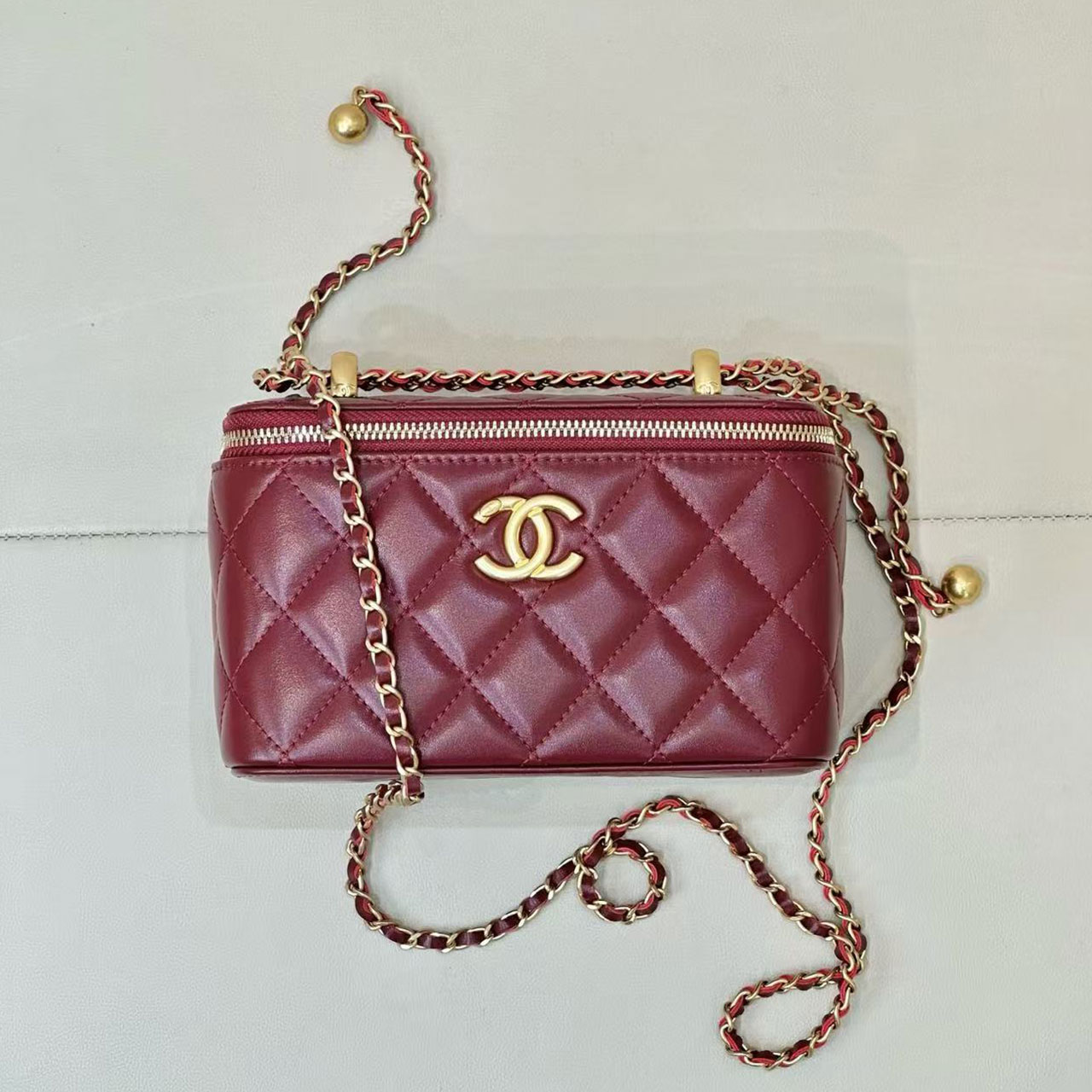 Chanel Quilted Vanity Case Mini Lingge Golden Ball Makeup Box Bag