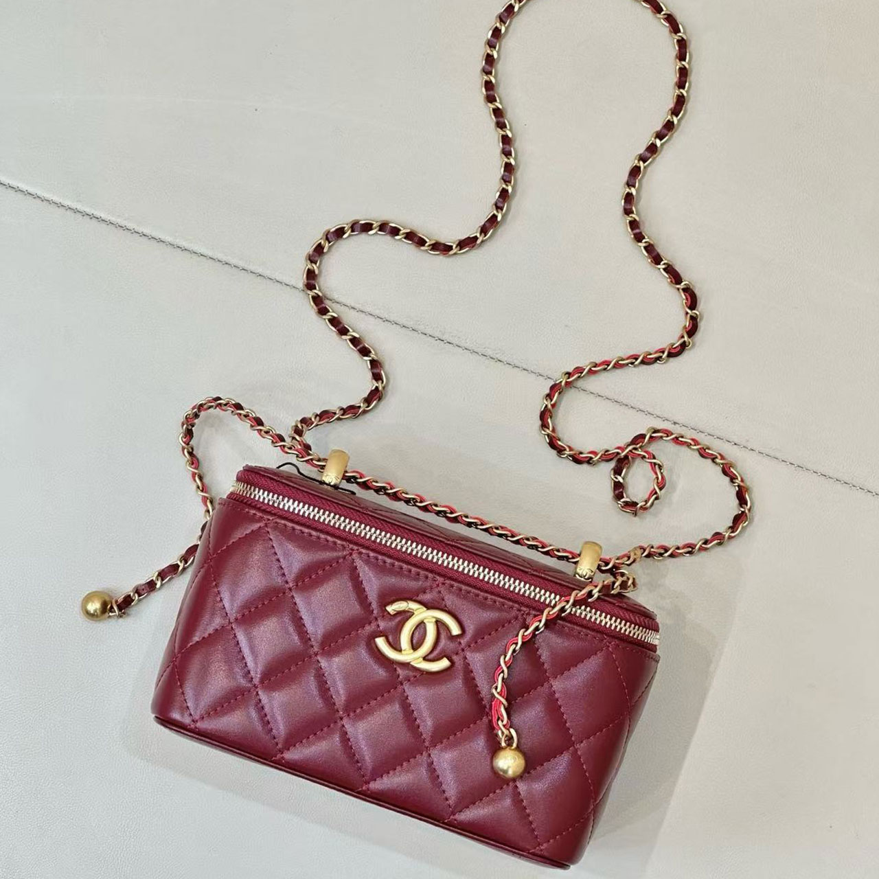 Chanel Quilted Vanity Case Mini Lingge Golden Ball Makeup Box Bag