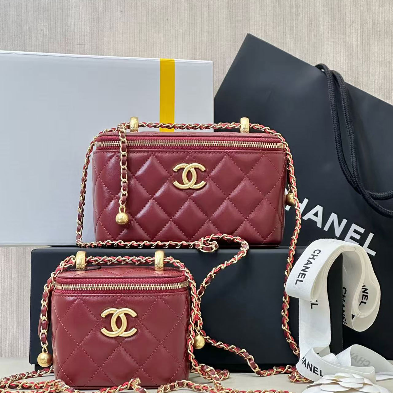Chanel Quilted Vanity Case Mini Lingge Golden Ball Makeup Box Bag