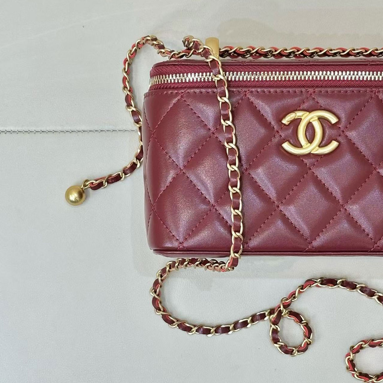 Chanel Quilted Vanity Case Mini Lingge Golden Ball Makeup Box Bag