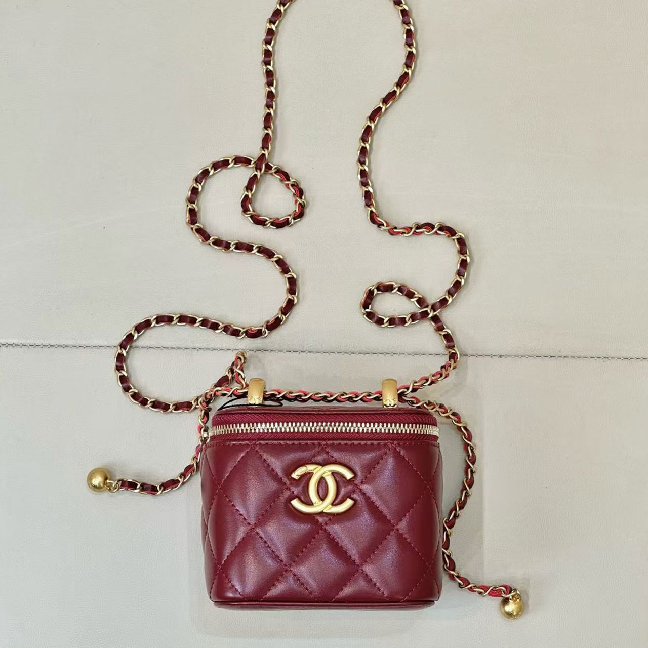 Chanel Quilted Vanity Case Mini Lingge Golden Ball Makeup Box Bag