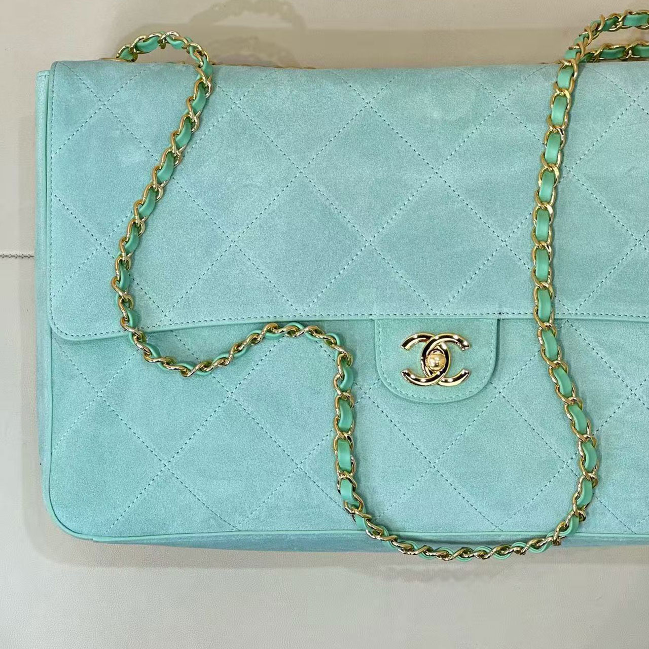 Chanel Classic Flap Jumbo Mint Green suede classic diamond grille bag