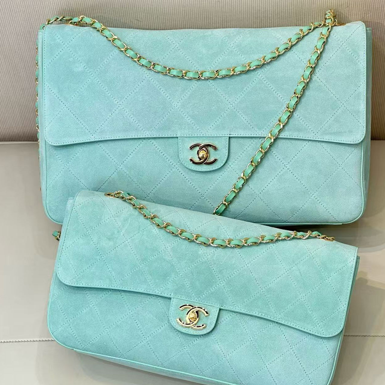 Chanel Classic Flap Jumbo Mint Green suede classic diamond grille bag