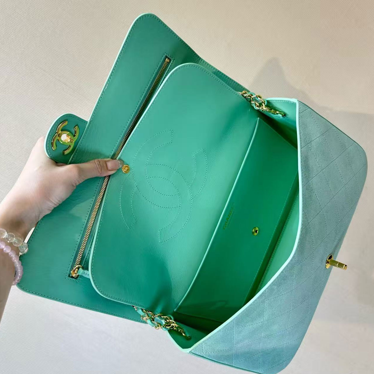 Chanel Classic Flap Jumbo Mint Green suede classic diamond grille bag