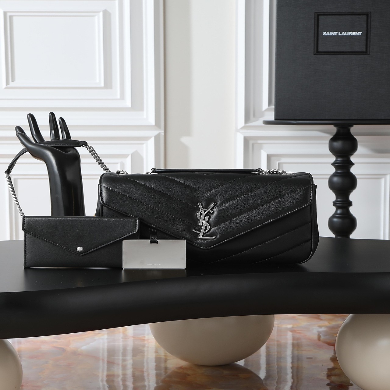 YSL LouLou Medium Flap Bag With Matching Pouch Black silver buckle