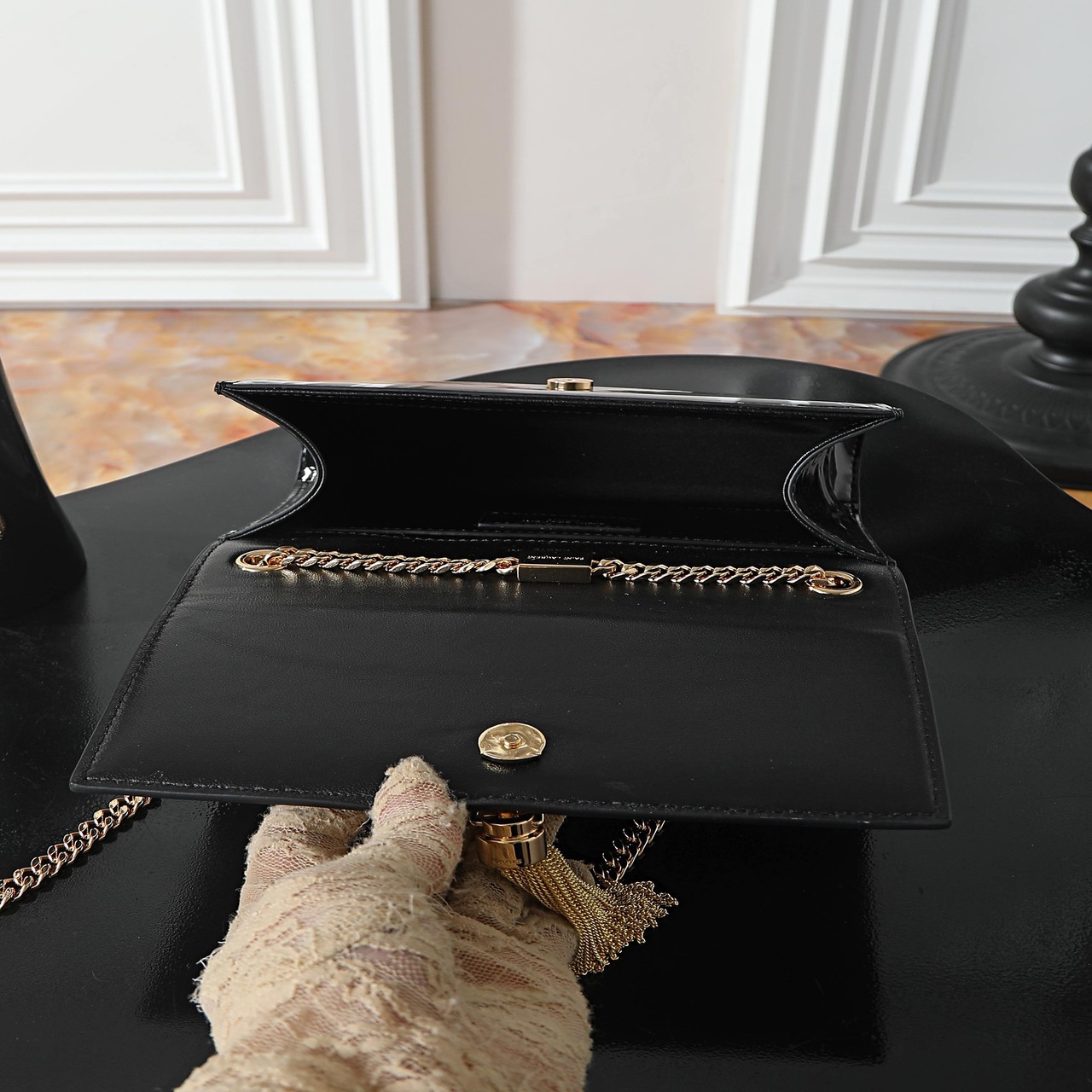 YSL black patent leather gold buckle with tassel