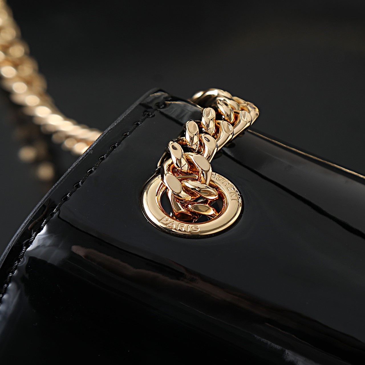 YSL black patent leather gold buckle with tassel