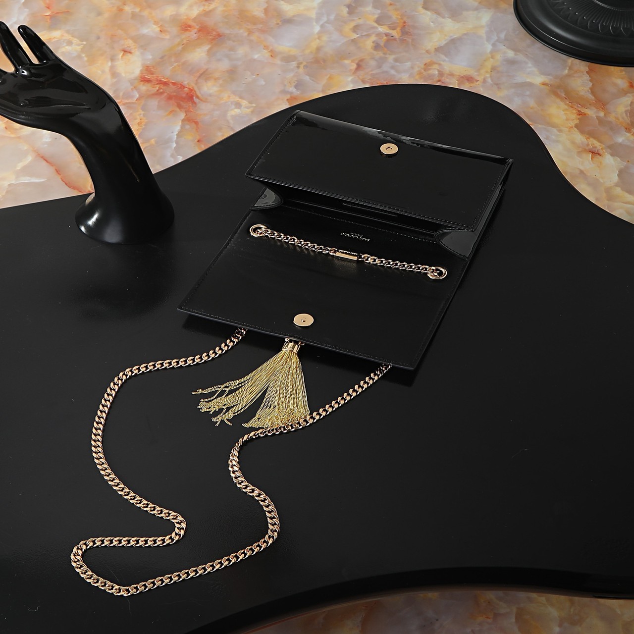 YSL black patent leather gold buckle with tassel