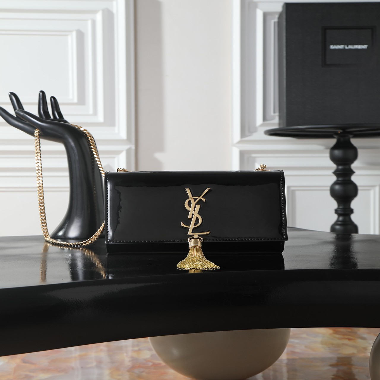 YSL black patent leather gold buckle with tassel