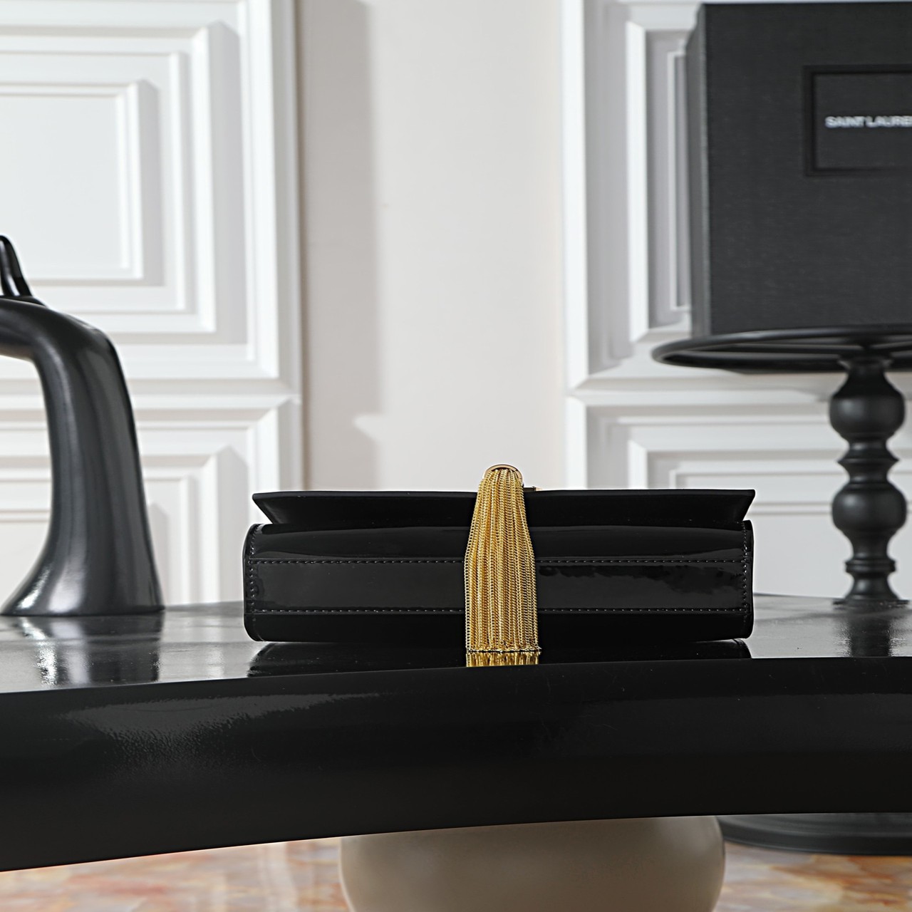 YSL black patent leather gold buckle with tassel