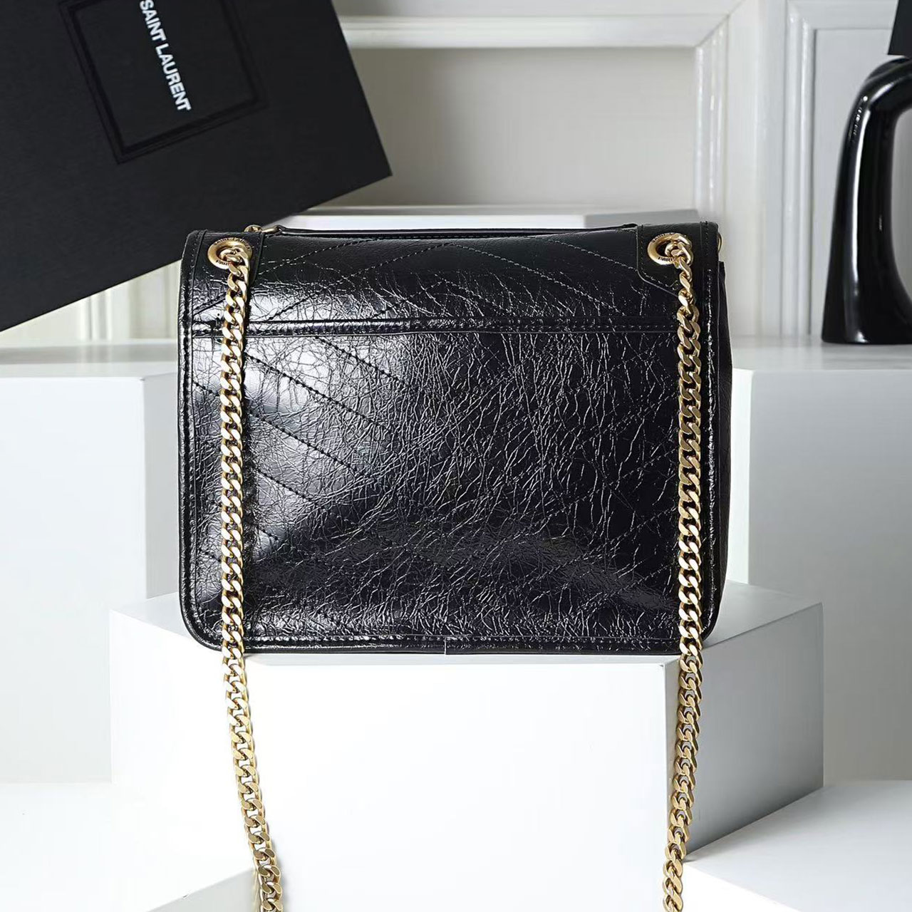 YSL Niki Medium Crinkled Leather Chain Bag