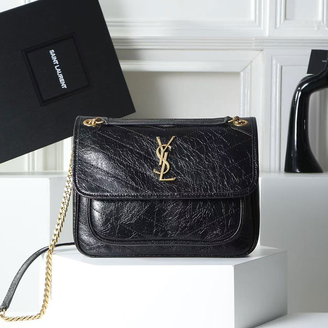 YSL Niki Medium Crinkled Leather Chain Bag