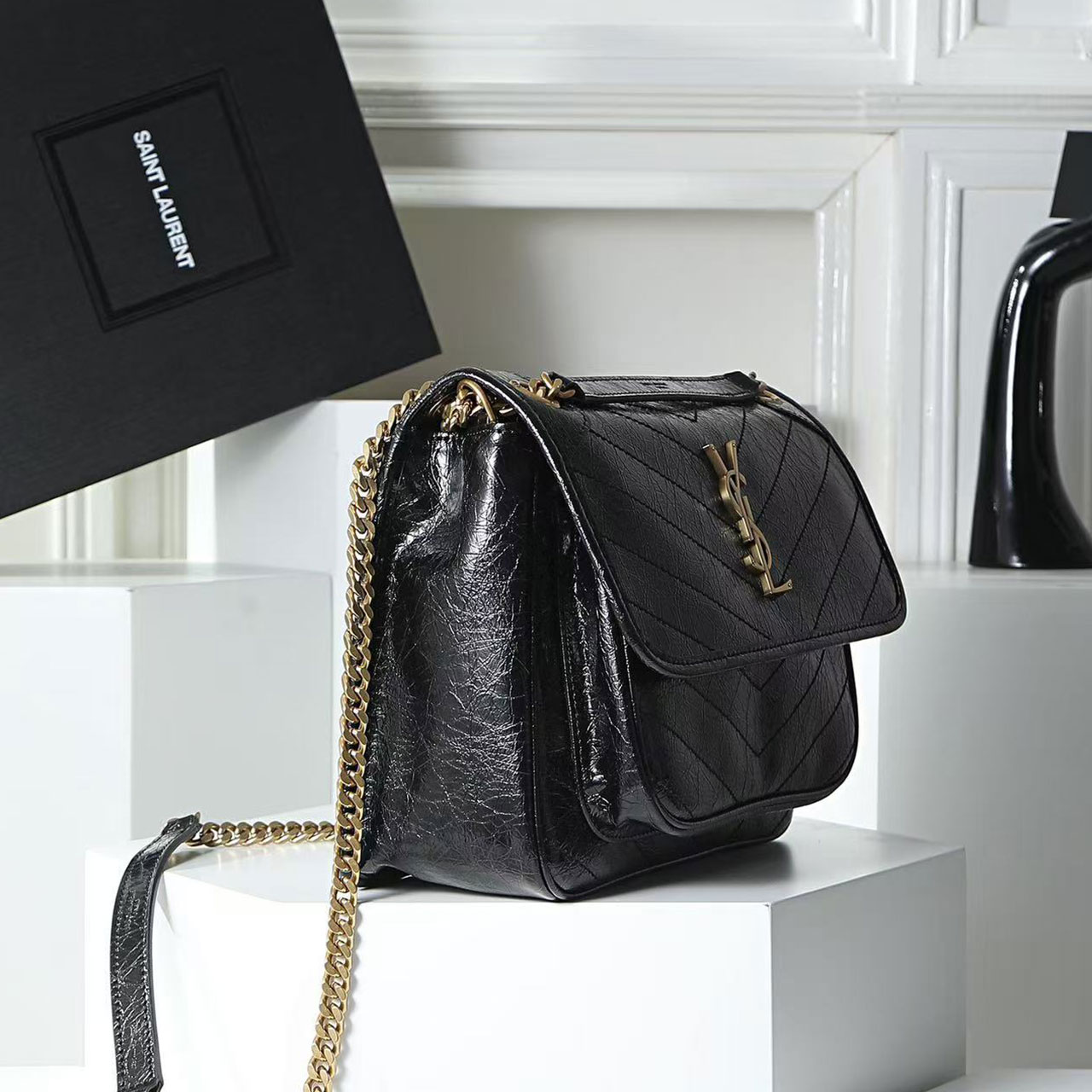YSL Niki Medium Crinkled Leather Chain Bag