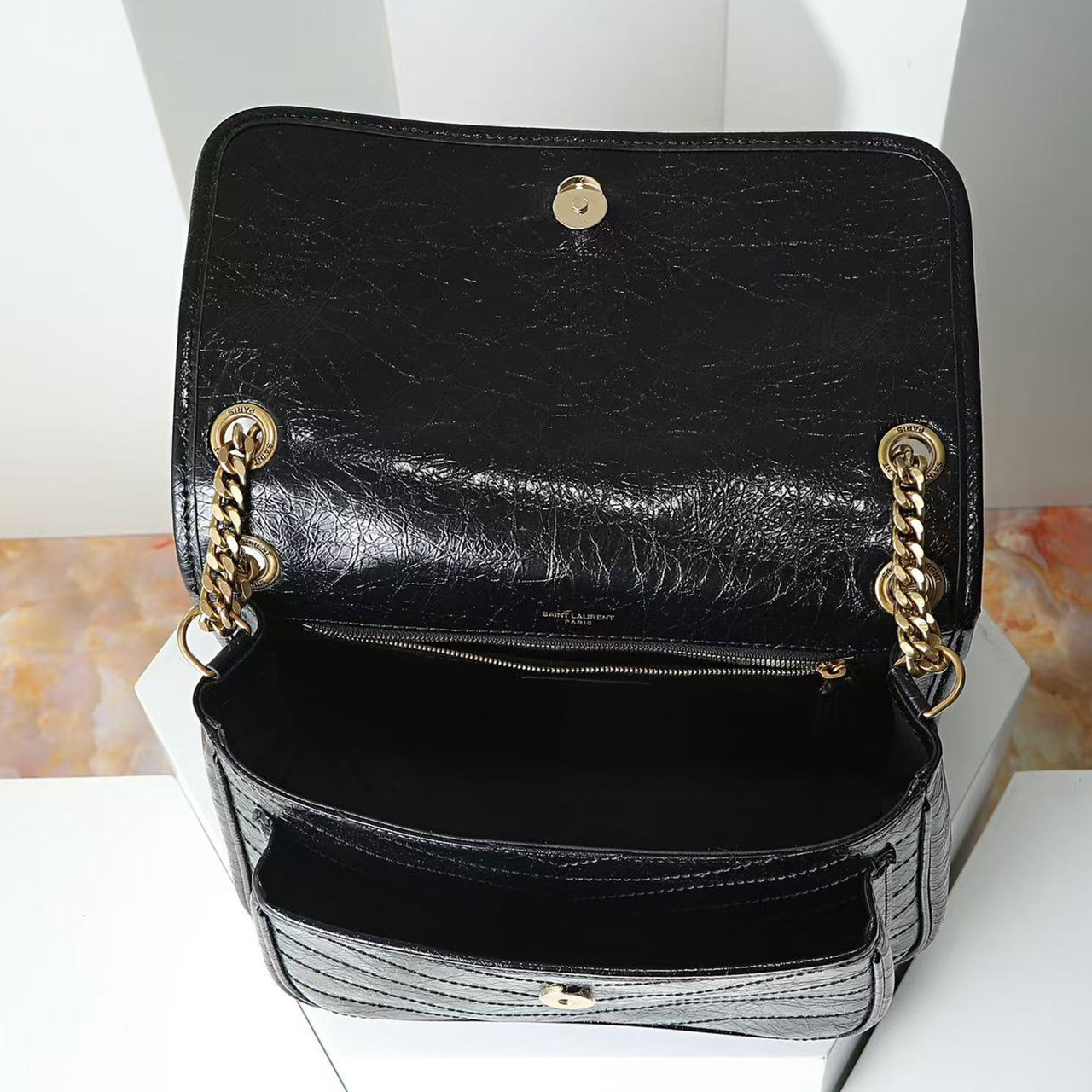 YSL Niki Medium Crinkled Leather Chain Bag